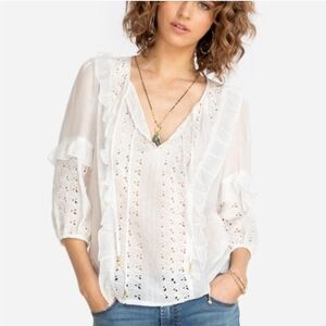 Johnny Was Sarai Embroidered V-Neck Ruffle Blouse White Boho Tie Front Top XL